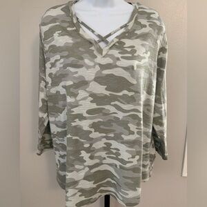Cato Gray and Green Camo V-Neck Top